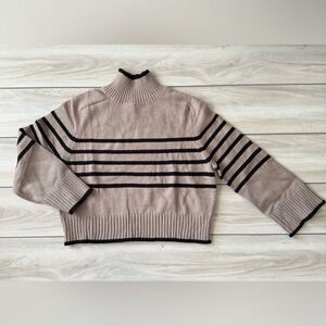 Carole Christian Ribbed Knit Sweater with Black Trim Tan Medium NWOT